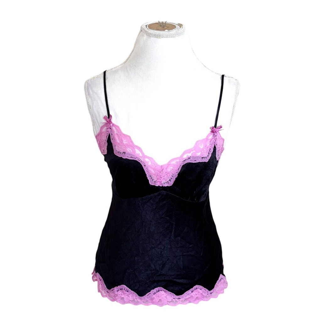 Candie's Y2K Babydoll Lace Satin Cami Size M Black Pink Bow Whimsigoth Punk Vtg